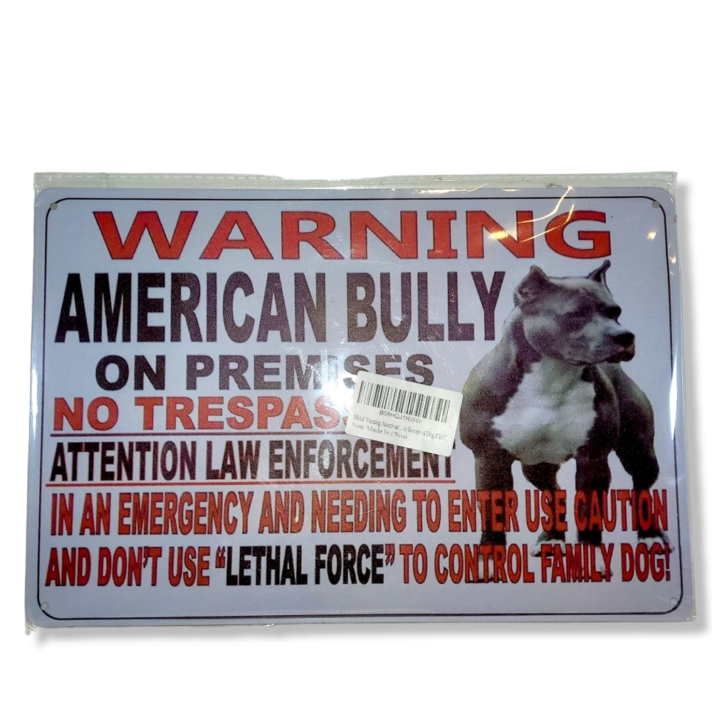 Brand New Warning Bully Pitbull Metal Tin Sign 8x12
